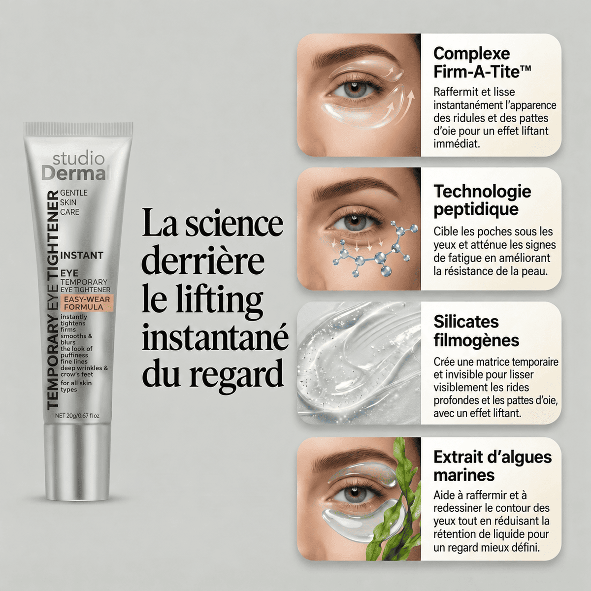 Soin anti-âge tenseur temporaire : un contour des yeux rajeuni en 90 secondes.