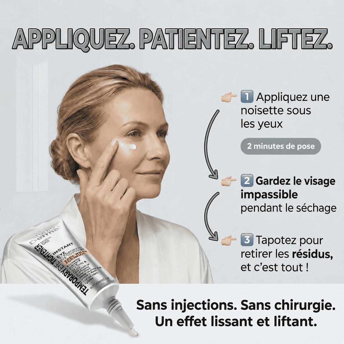Soin anti-âge tenseur temporaire : un contour des yeux rajeuni en 90 secondes.